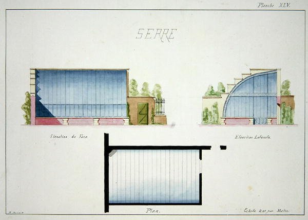 Návrh skleníku se zakřivenými skleněnými stěnami a střechou, z folia originálních kreseb v klasickém stylu a stylu rané Belle-Epoque, kolem roku 1870 (pero a inkoust na papíře) od H. Monnot