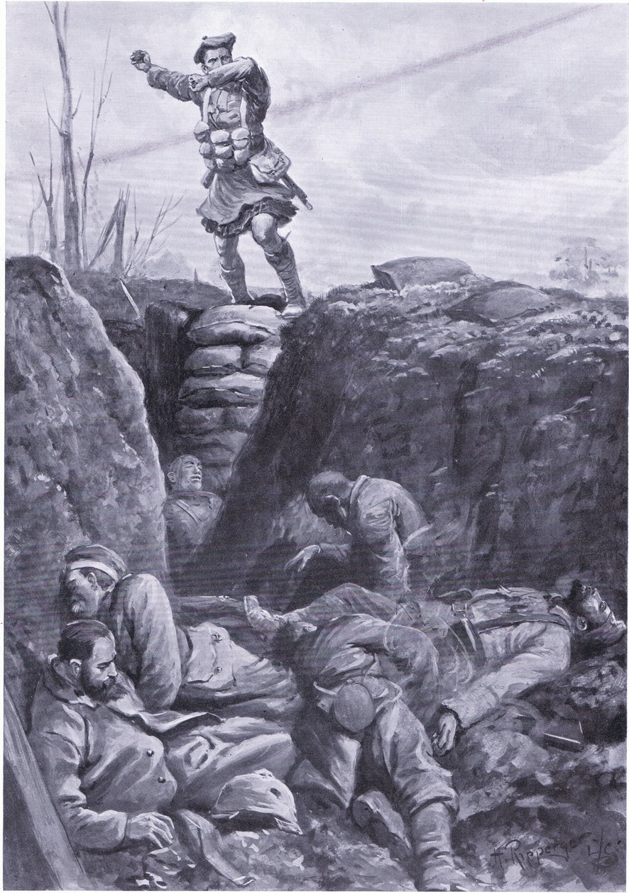 Vojín Brown (Gordon Highlander) bombarduje nepřítele v německém zákopu z vrcholu barikády. (litho) od H. Ripperger