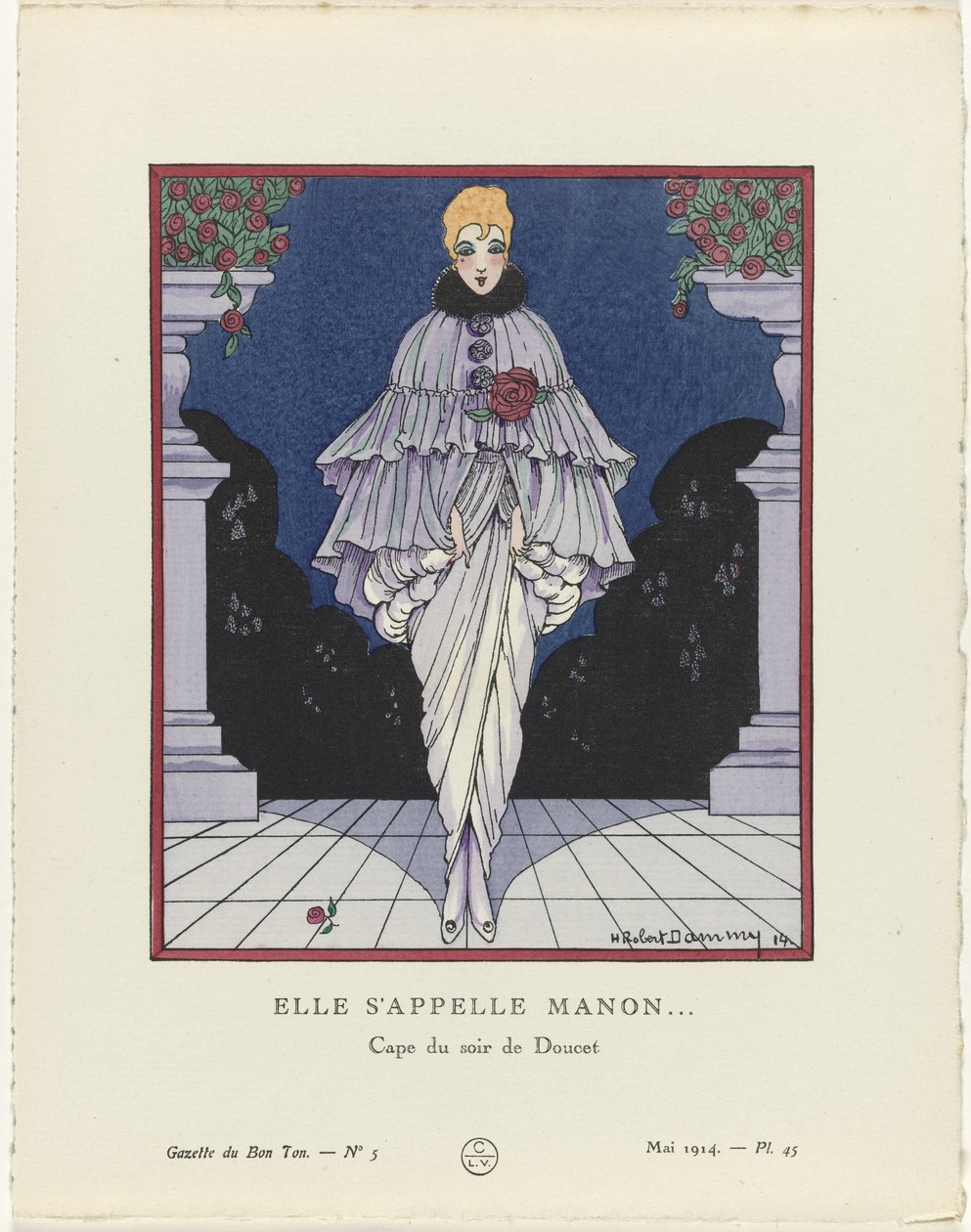 Gazette du Bon Ton, 1914 - č. 5, Pl. 45: Jmenuje se Manon (...) / Evening Cape by Doucet (název na objektu) od H. Robert Dammy
