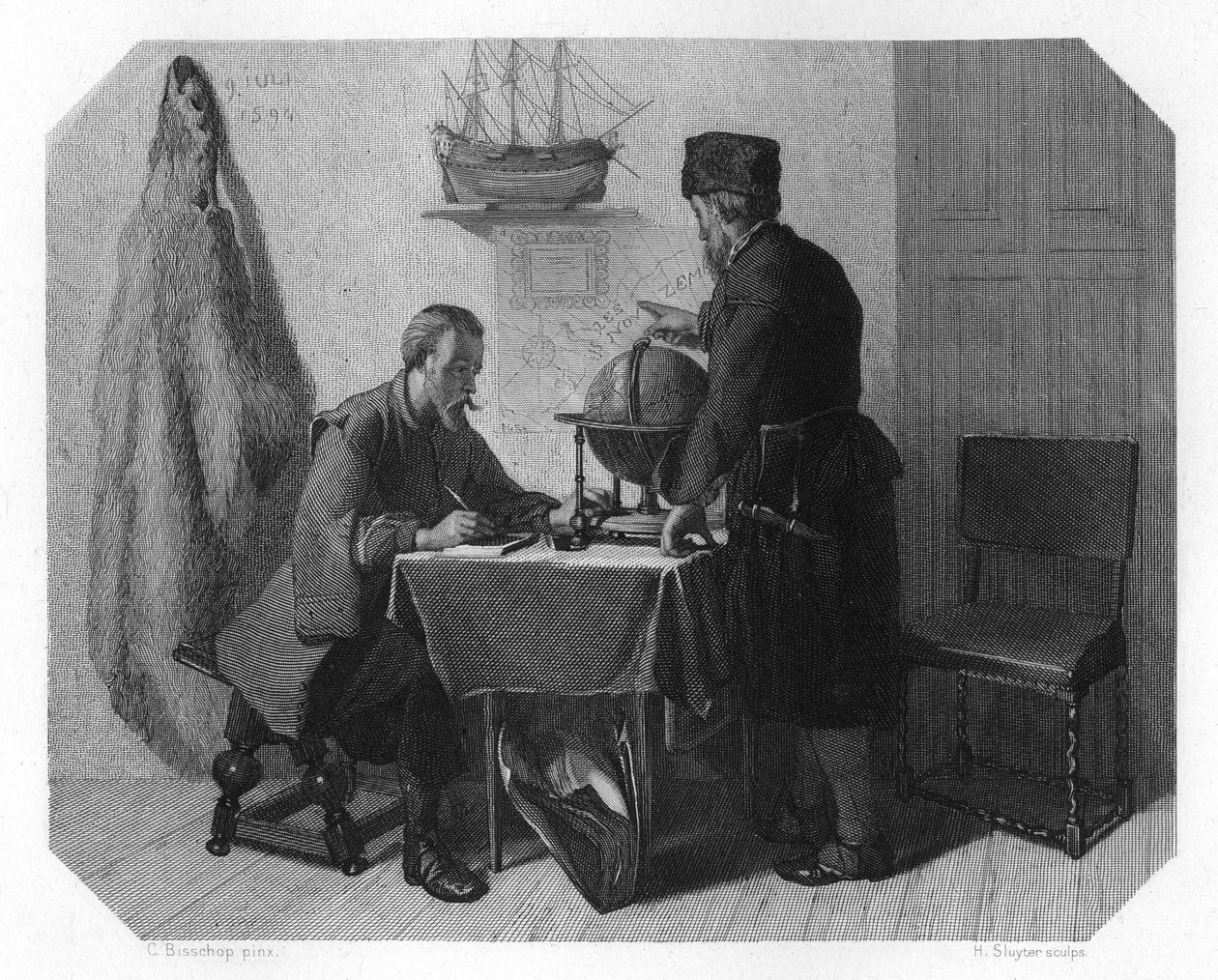 Willem Barents a Jacob van Heemskerk mapují svou trasu, 1596 c1870 od H. Sluyter