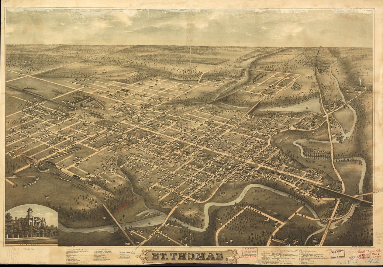 Perspektivní mapa není nakreslena v měřítku. Orientováno na sever vlevo dole. Pohled z ptačí perspektivy. LC Panoramic maps (2nd ed.), 1074 Dostupné také prostřednictvím webové stránky Library of Congress jako rastrový obrázek. Zahrnuje iluz. a indexovat b od H.; Stoner Brosius