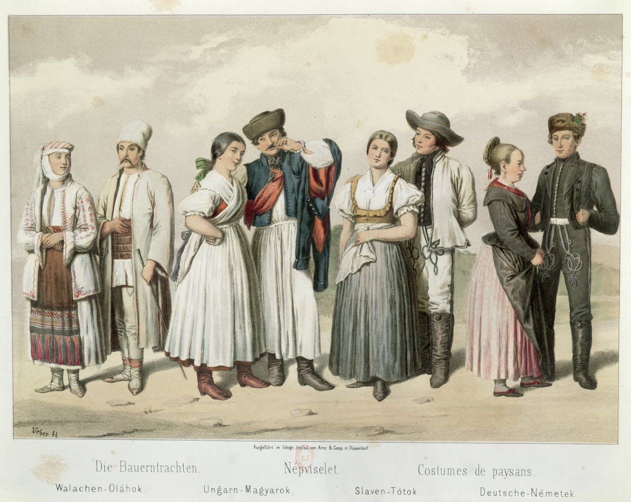 Kroje rolníků z Rumunska, Maďarska, Slovenska a Německa (zleva doprava), z knihy "Esquisses de la Vie Populaire en Hongroie" od Gabriela de Pronay, 1855. od H. Veber