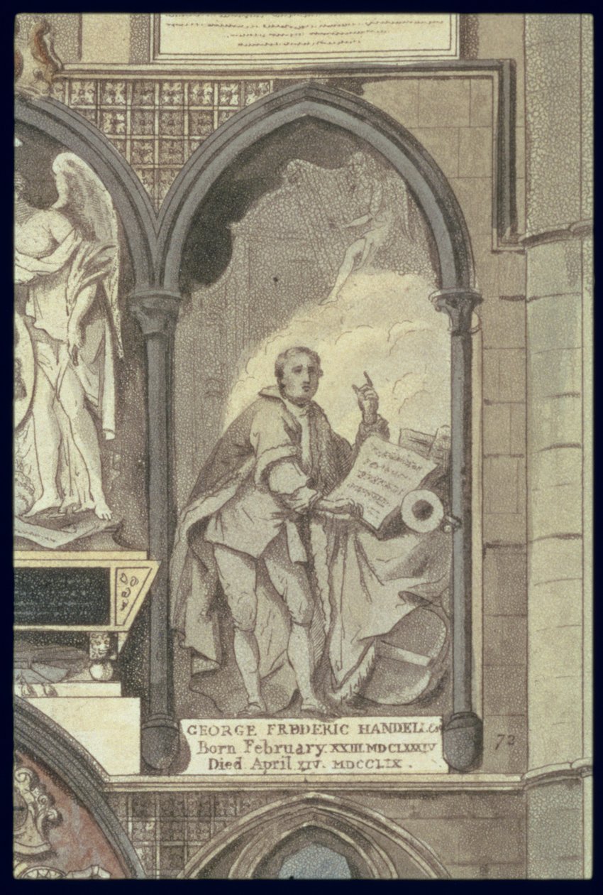 West Side of Poets Corner, deska 25 z Westminsterského opatství, detail Pohřebního pomníku George Fredericka Händela 1685-1759, ryl J. Bluck fl.1791-1831 pub. od Rudolpha Ackermanna 1764-1834 1 od H. Villiers