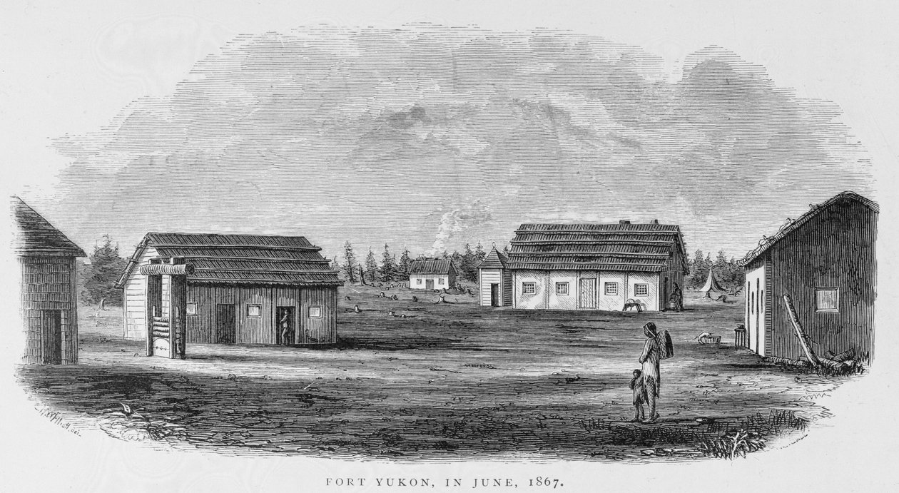 Fort Yukon, červen 1867, z „Aljašky a jejích zdrojů“, od Williama H. Dalla, vyryl John Andrew, hospoda. 1870 od H. W., Elliot
