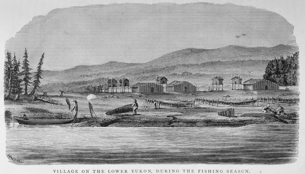 Vesnice na Dolním Yukonu, z „Aljašky a jejích zdrojů“, od Williama H. Dalla, vyryl John Andrew, hospoda. 1870 od H. W., Elliot
