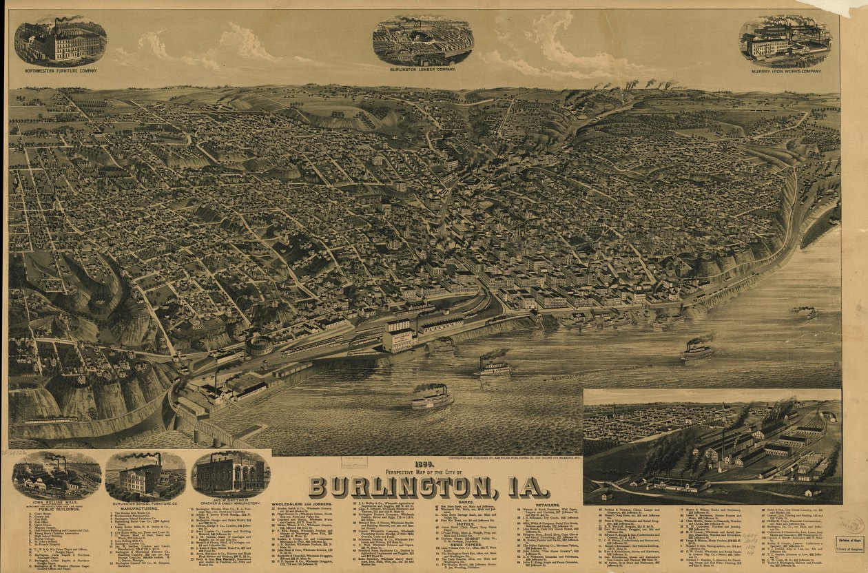 Perspektivní mapa města Burlington z roku 1889, Ia. LOC 75693230 od H. Wellge