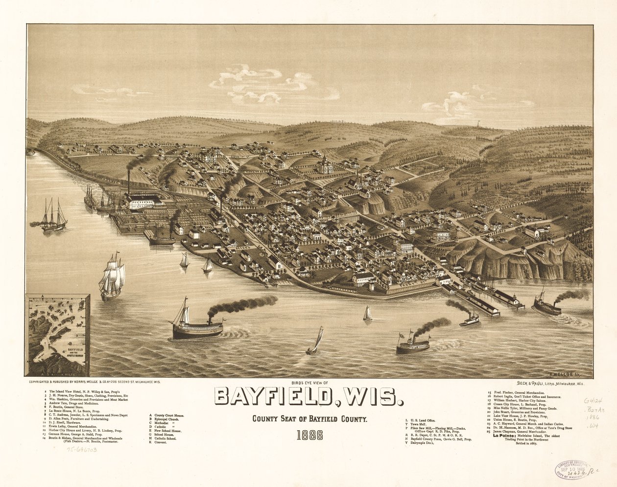 Pohled z ptačí perspektivy na Bayfield, Wis., okresní město Bayfield County 1886. LOC 75696703 od H. Wellge