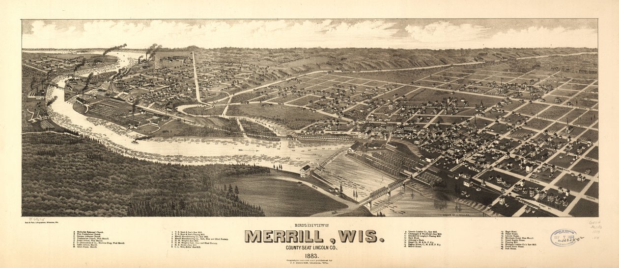 Pohled z ptačí perspektivy na Merrill, Wis., okresní město Lincoln Co. 1883. LOC 75696715 od H. Wellge