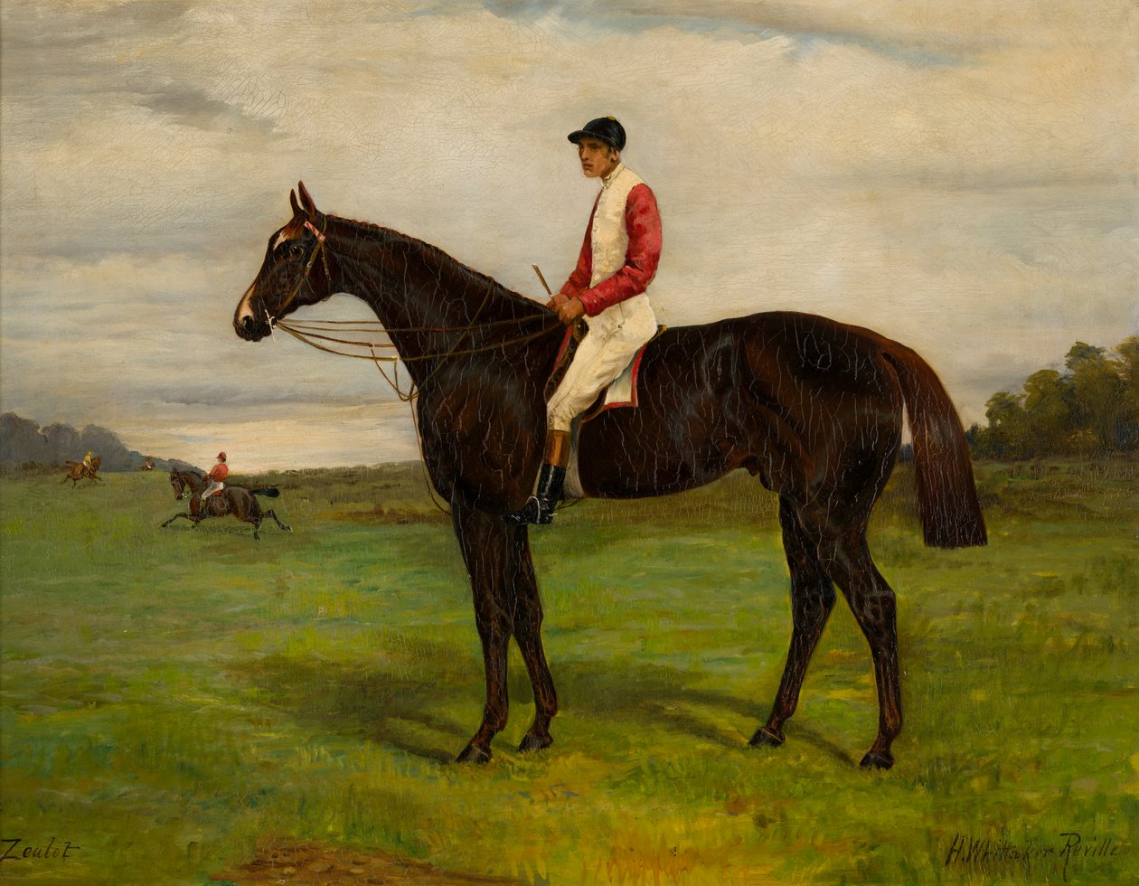 Zélót hnědý dostihový kůň s žokejem, kolem 1871-1933 (olej na plátně) od H. Whittaker Reville