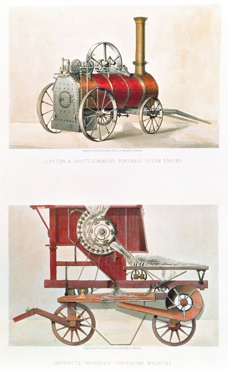 Přenosný parní stroj Clayton a Shuttleworths a vylepšená mlátička Garratts, vyryl G. Greatbach od H. after Mason
