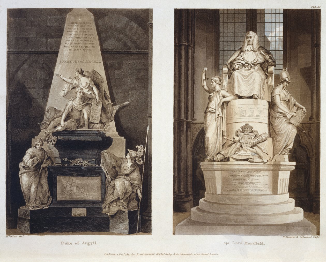 Hrobky vévody z Argyllu a lorda Mansfielda, deska 56 z Westminsterského opatství, vyryté Williamsonem a Thomasem Sutherlandem, hospoda. od Rudolpha Ackermanna (1764-1834) 1811 (akvatinta) od H. after Villiers