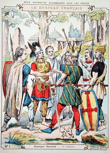 Galští válečníci skládající přísahu, z ochranného pouzdra na učebnice, konec 19. století (barevné lito) od H. and Louis R. Feist