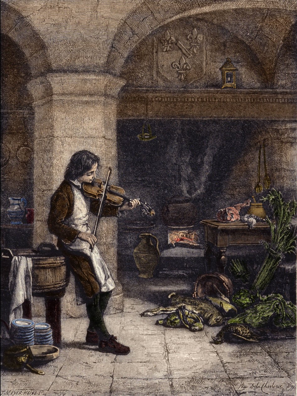 Jean Baptiste Lully (Giovanni Battista Lulli) (1632-1687), francouzský skladatel, pak ""galopin"" nebo marmiton od Mademoiselle de Montpensier. Rytina T. Meyer-Heine (Meyer Heine) z kresby Hippolyte de La Charlerie (1827-1867). od H. de la (after) Charlerie