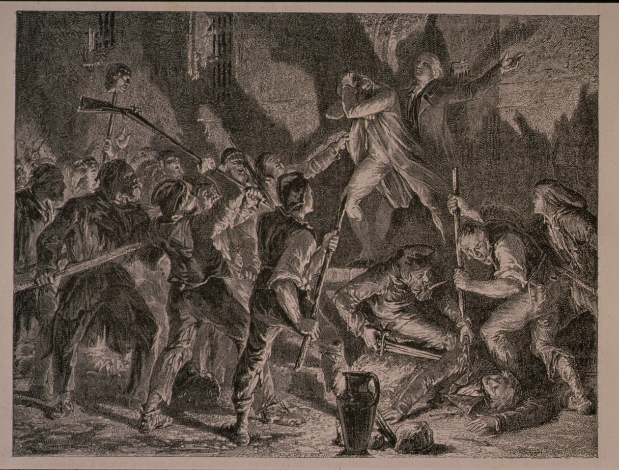 Masakr ve věznicích v září 1792, vyrytý Jean-Baptiste Charles Carbonneau (b.1815) od H. de la Charlerie