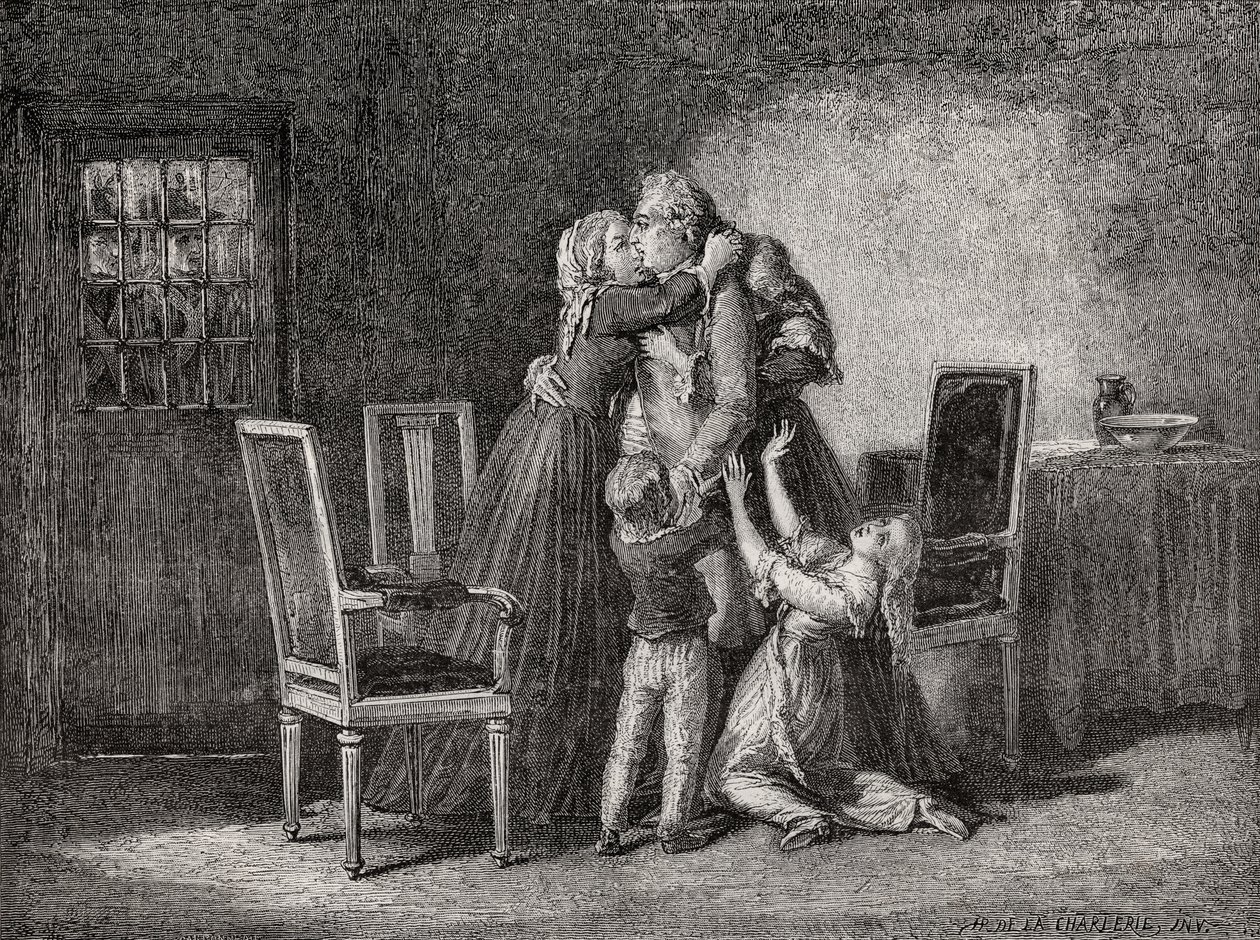 Poslední sbohem královské rodiny, 20. ledna 1793, vyryto Carbonneauem, z „Histoire de la Revolution Francaise“ od Louise Blanca (1811-82) od H. de la Charlerie