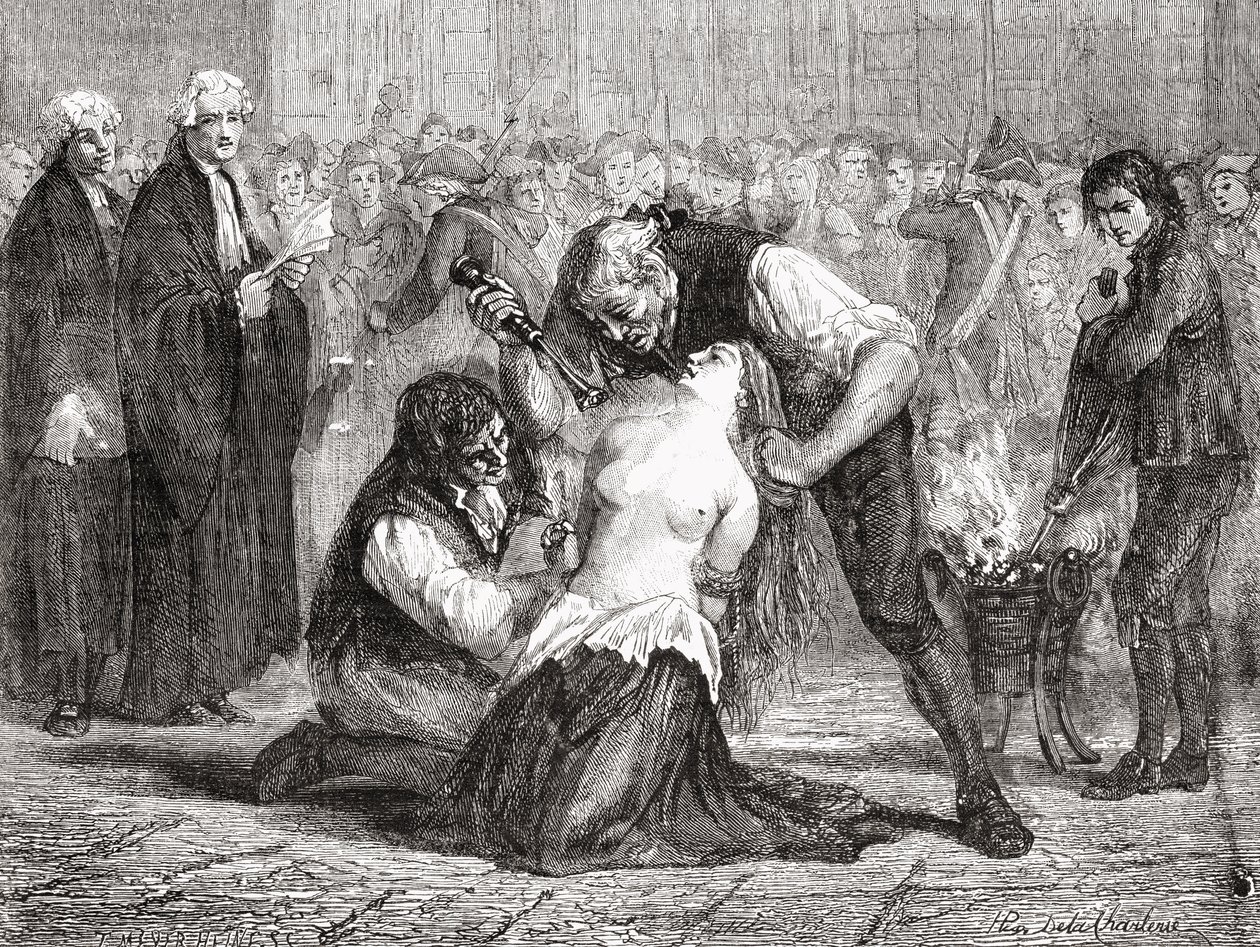 Mučení Madame de la Motte, vyryté Meyer-Heine, z „Histoire de la Revolution Francaise“ od Louise Blanca (1811-82) od H. de la Charlerie
