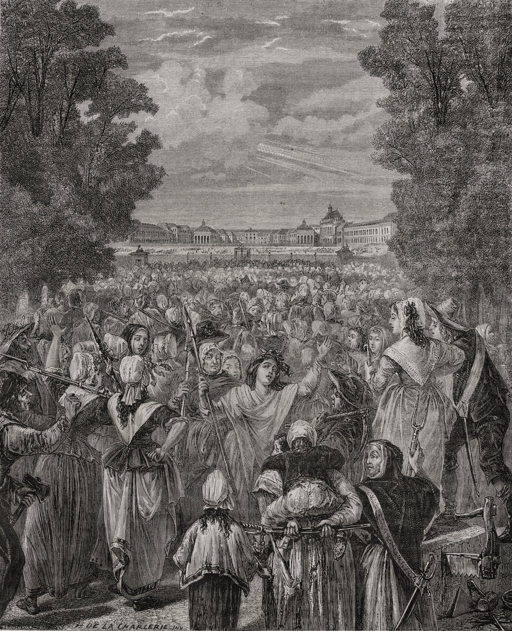 Pochod žen na Versailles, 5.-6. října 1789, vyrytý Pannemaker-Ligny, z „Histoire de la Revolution Francaise“ od Louise Blanca (1811-82) od H. de la Charlerie