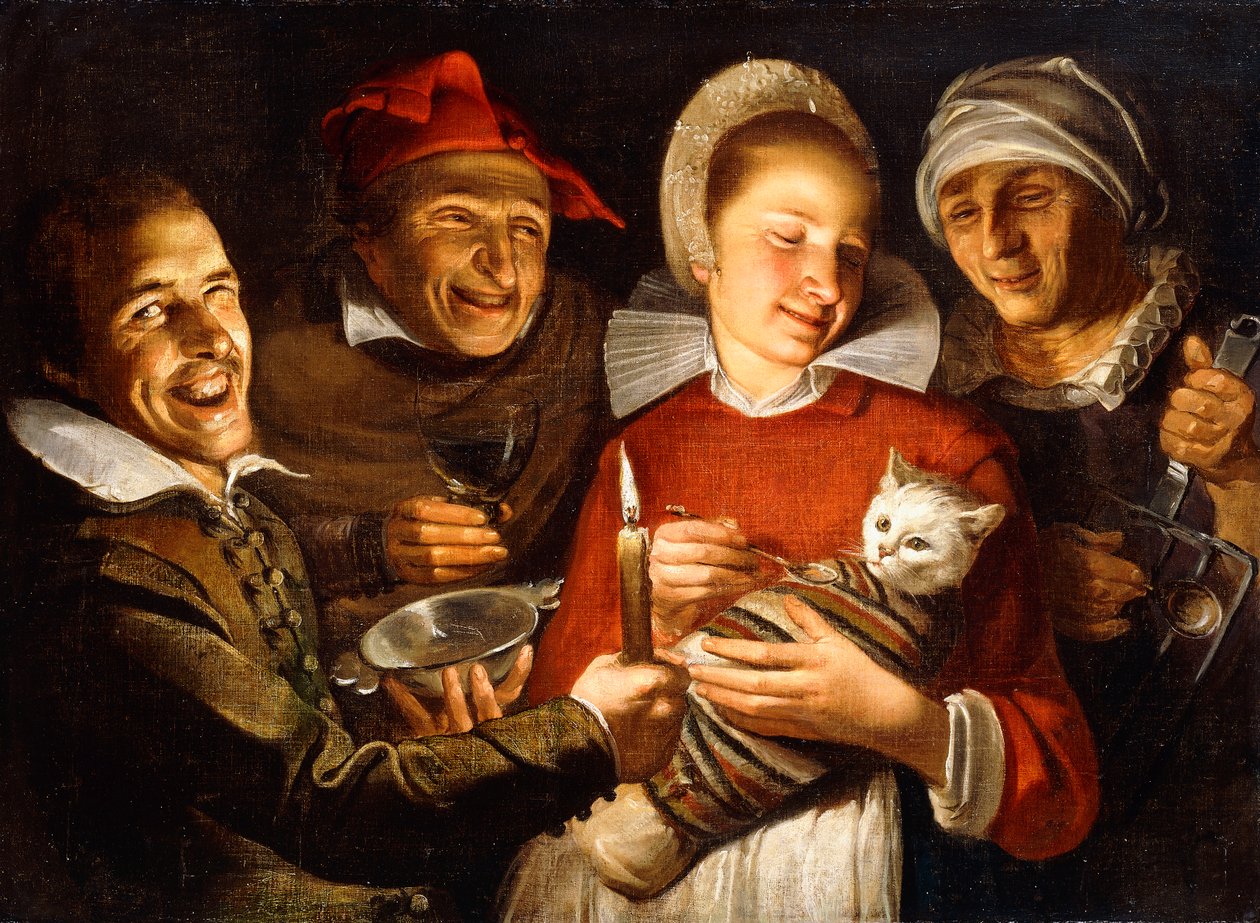 Holandské přísloví - Žena krmící svázanou kočku, obklopená muži, od Haarlem School