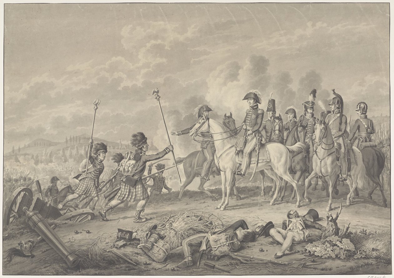 Vévoda z Wellingtonu dostává dvě standarty s orly zajatými od Francouzů během bitvy u Waterloo, 1815 od Haatje Pieters Oosterhuis