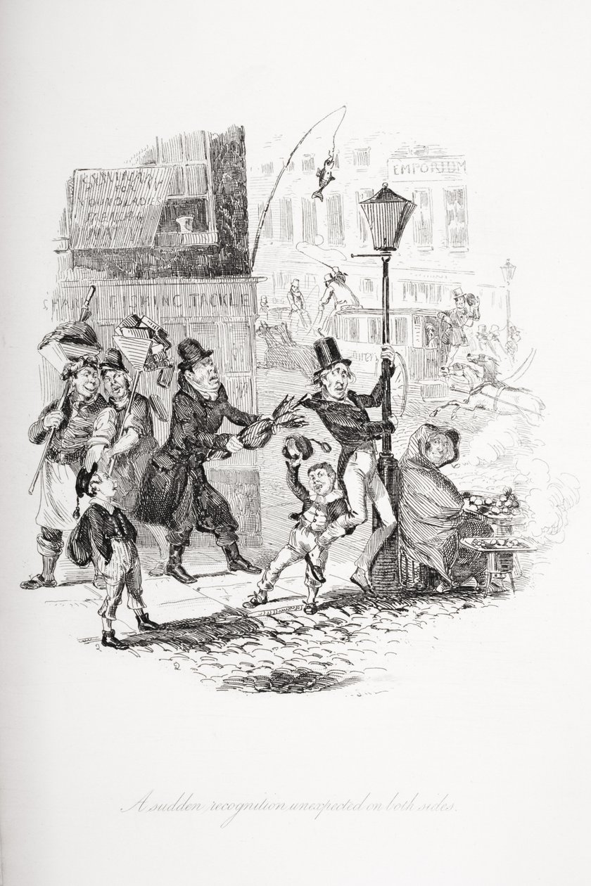 Náhlé uznání neočekávané na obou stranách, ilustrace z „Nicholas Nickleby“ od Charlese Dickense (1812-70) vydaného v roce 1839 od Hablot Knight Browne