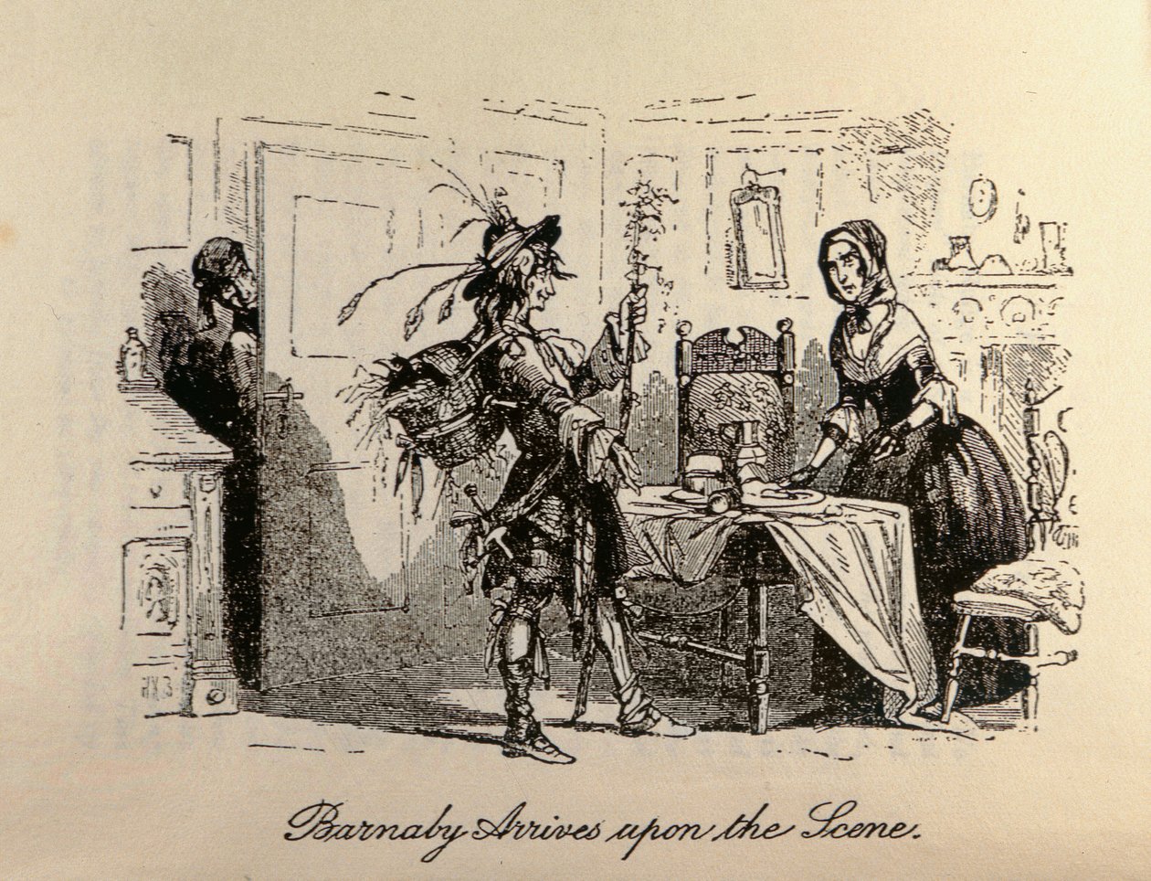 "Barnaby přichází na scénu" z knihy "Barnaby Rudge" od Charlese Dickense (1812-70) od Hablot Knight Browne