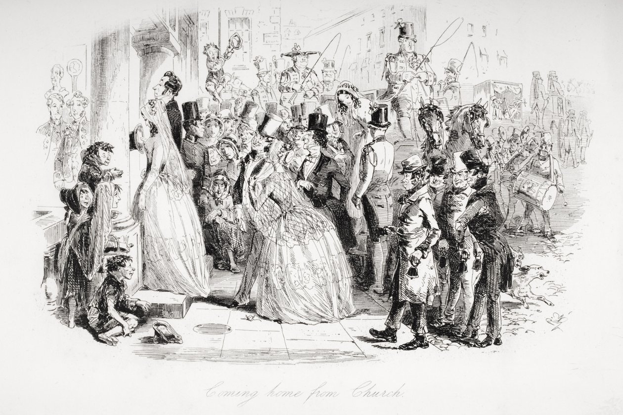 Návrat domů z kostela, ilustrace z „Dombey and Son“ od Charlese Dickense (1812-70), poprvé zveřejněná v roce 1848 od Hablot Knight Browne