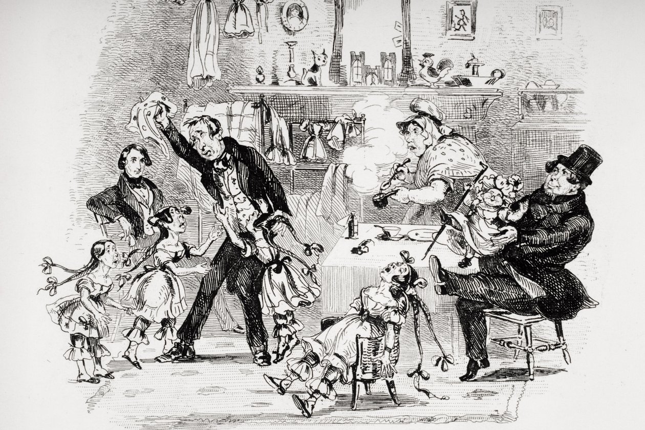 Emoce pana Kenwigse při vyslechnutí rodinných zpráv od Nicholase, ilustrace z „Nicholas Nickleby“ od Charlese Dickense (1812-70) vydaného v roce 1839 (viz také 259139) od Hablot Knight Browne