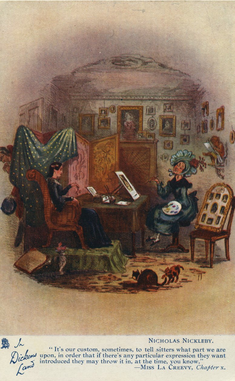 V Dickensově zemi - pohlednice Nicholase Nicklebyho, asi 1905 od Hablot Knight Browne