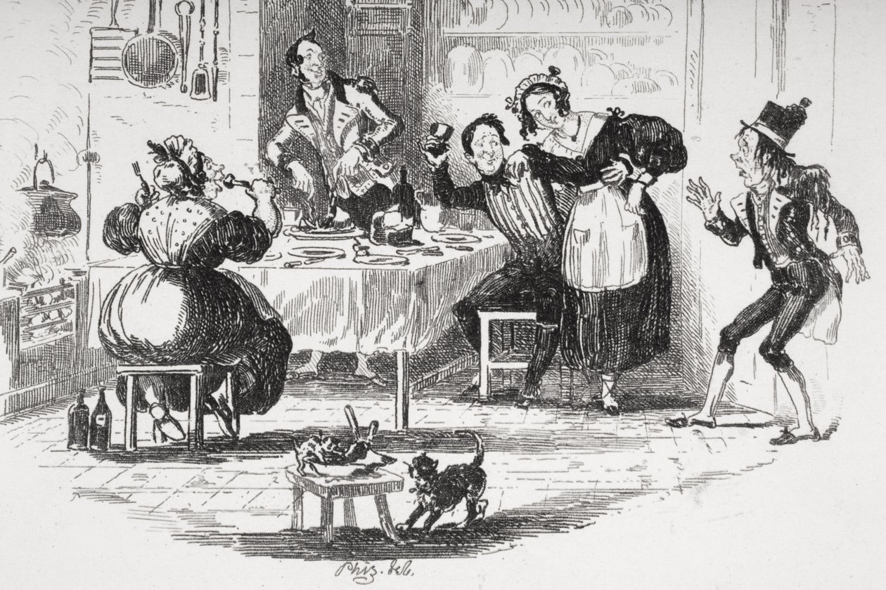 Job Trotter se setkává se Samem v kuchyni pana Muzzlea, ilustrace z „The Pickwick Papers“ od Charlese Dickense (1812-70) vydané v roce 1837 (viz také 259101) od Hablot Knight Browne