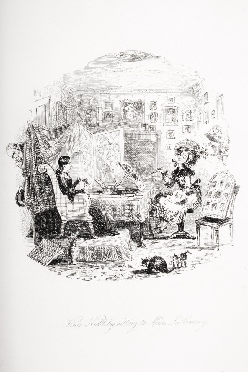 Kate Nicklebyová sedí u slečny La Creeveyové, ilustrace z knihy "Nicholas Nickleby" od Charlese Dickense (1812-70), vydané v roce 1839 od Hablot Knight Browne