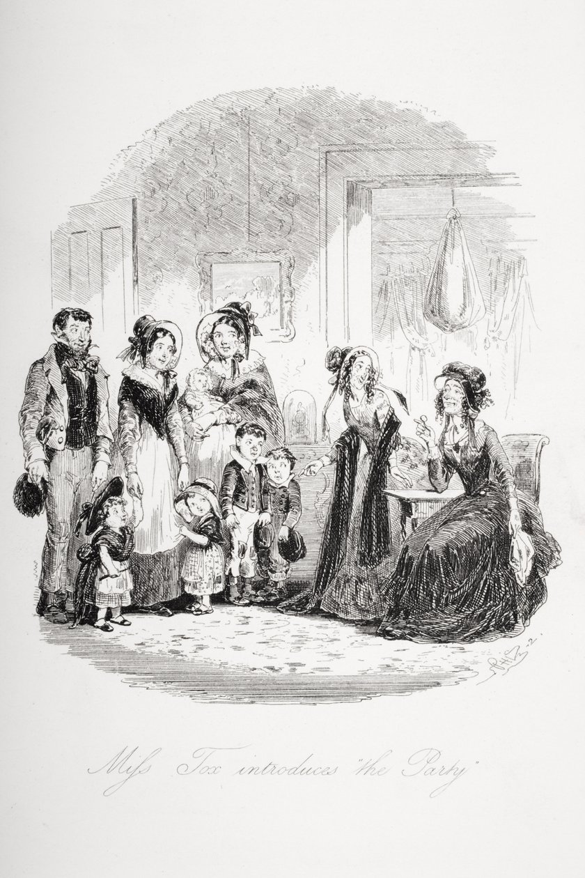 Miss Tox představuje „The Party“, ilustrace z „Dombey and Son“ od Charlese Dickense (1812-70), která byla poprvé vydána v roce 1848 od Hablot Knight Browne