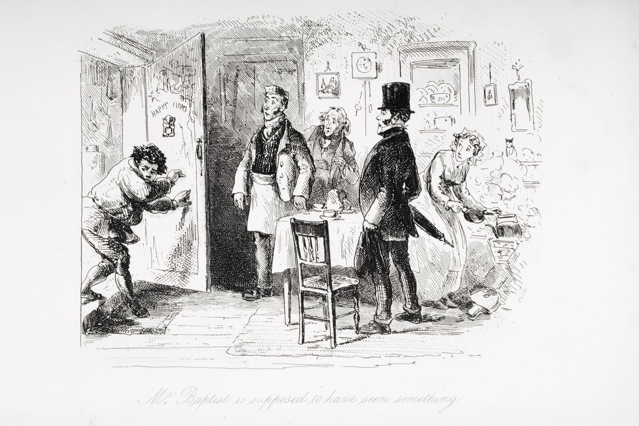 Předpokládá se, že pan Baptist něco viděl, ilustrace z „Little Dorrit“ od Charlese Dickense (1812-70) poprvé publikovaná v roce 1857 od Hablot Knight Browne