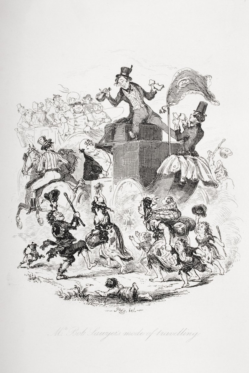 Způsob cestování pana Boba Sawyera, ilustrace z knihy "Pickwickovy noviny" od Charlese Dickense (1812-70) vydané v roce 1837 od Hablot Knight Browne