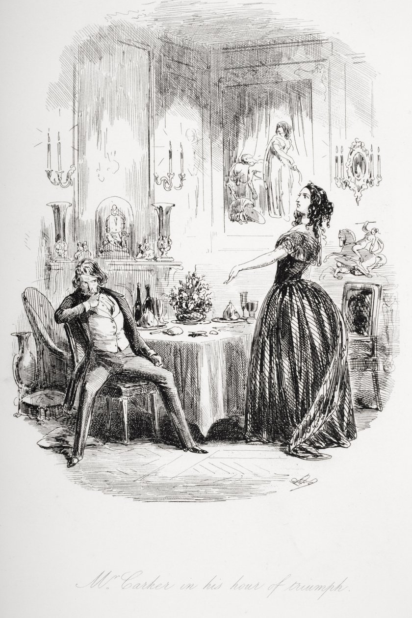 Pan Carker v hodině triumfu, ilustrace z knihy "Dombey a syn" od Charlese Dickense (1812-70), poprvé vydané v roce 1848 od Hablot Knight Browne