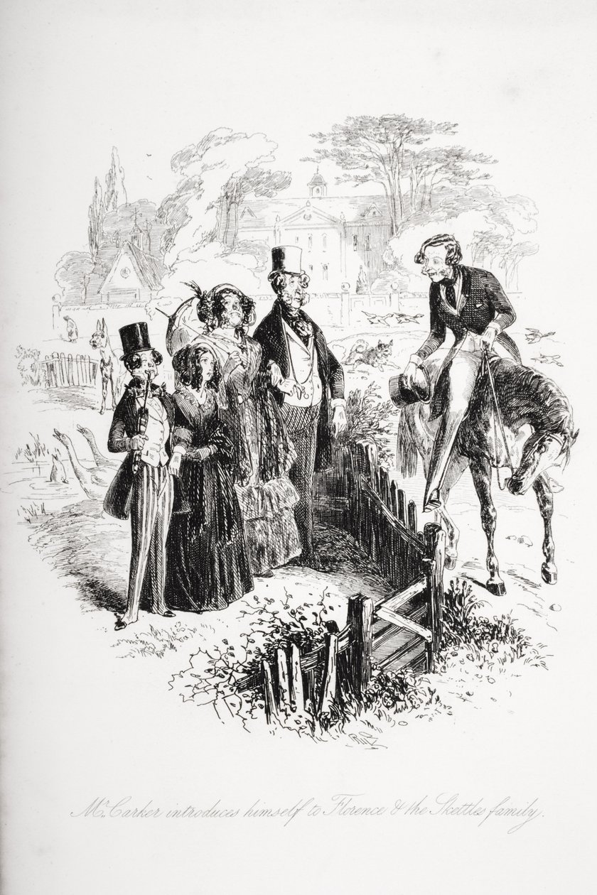 Pan Carker se představuje Florencii a rodině Skettles, ilustrace z „Dombey and Son“ od Charlese Dickense (1812-70) poprvé vydaná v roce 1848 od Hablot Knight Browne
