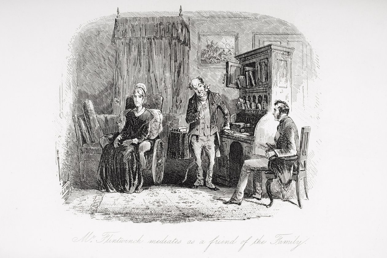 Pan Flintwinch je prostředníkem rodiny, ilustrace z knihy "Malý Dorrit" od Charlese Dickense (1812-70), poprvé vydané v roce 1857. od Hablot Knight Browne