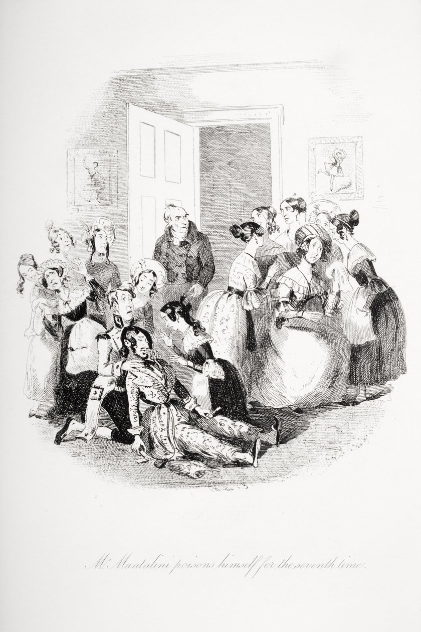 Pan Mantalini se posedmé otráví, ilustrace z „Nicholase Nicklebyho“ od Charlese Dickense (1812-70) vydané v roce 1839 od Hablot Knight Browne