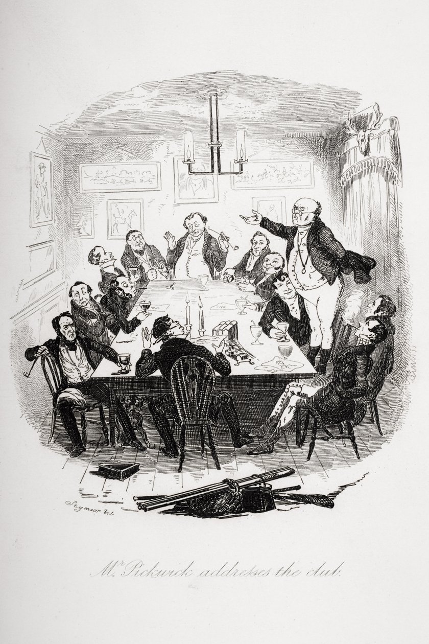 Pan Pickwick promlouvá ke klubu, ilustrace z knihy "The Pickwick Papers" od Charlese Dickense (1812-70), vydané v roce 1837 od Hablot Knight Browne
