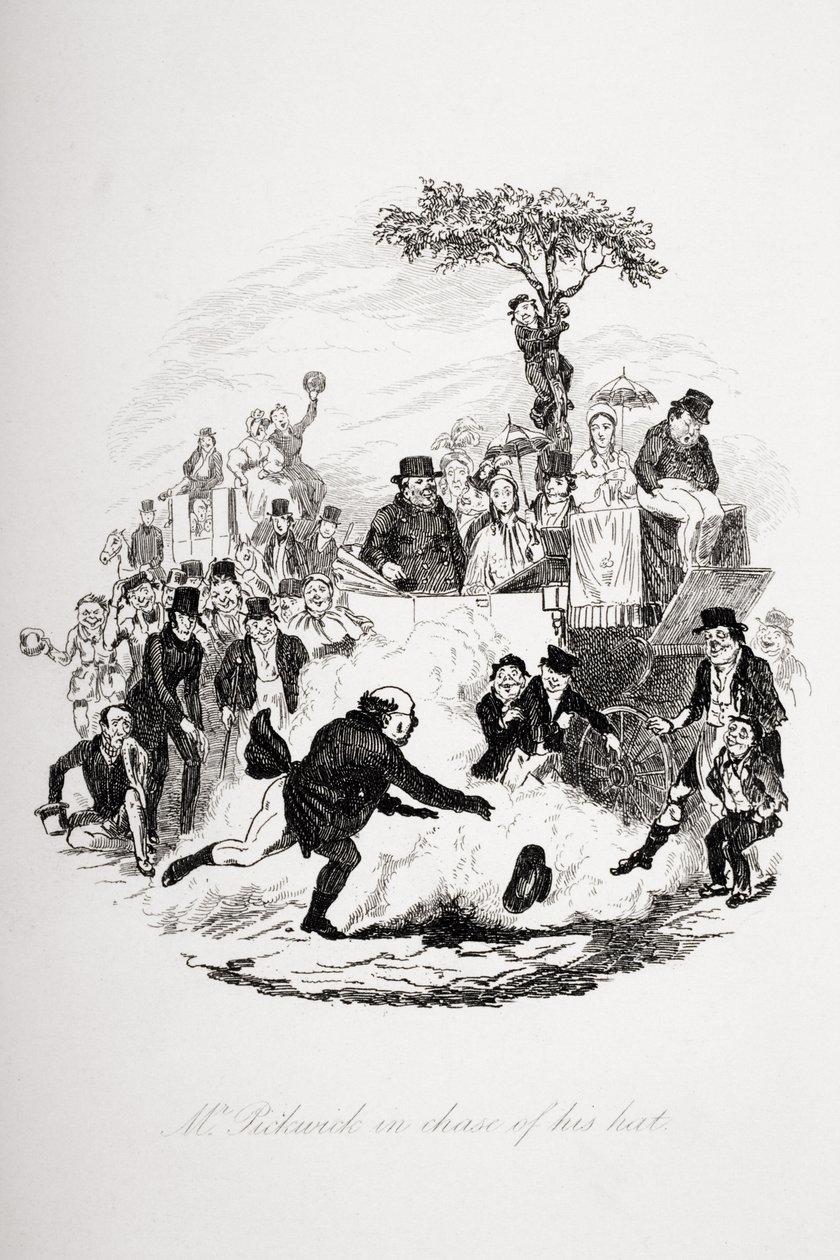 Pan Pickwick se honí za kloboukem, ilustrace z „The Pickwick Papers“ od Charlese Dickense (1812-70), vydané v roce 1837 od Hablot Knight Browne