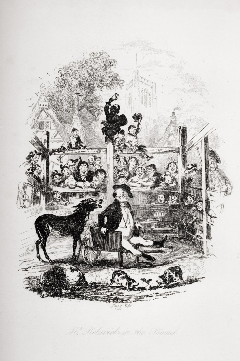 Pan Pickwick v libře, ilustrace z „The Pickwick Papers“ od Charlese Dickense (1812-70), publikované v roce 1837 od Hablot Knight Browne
