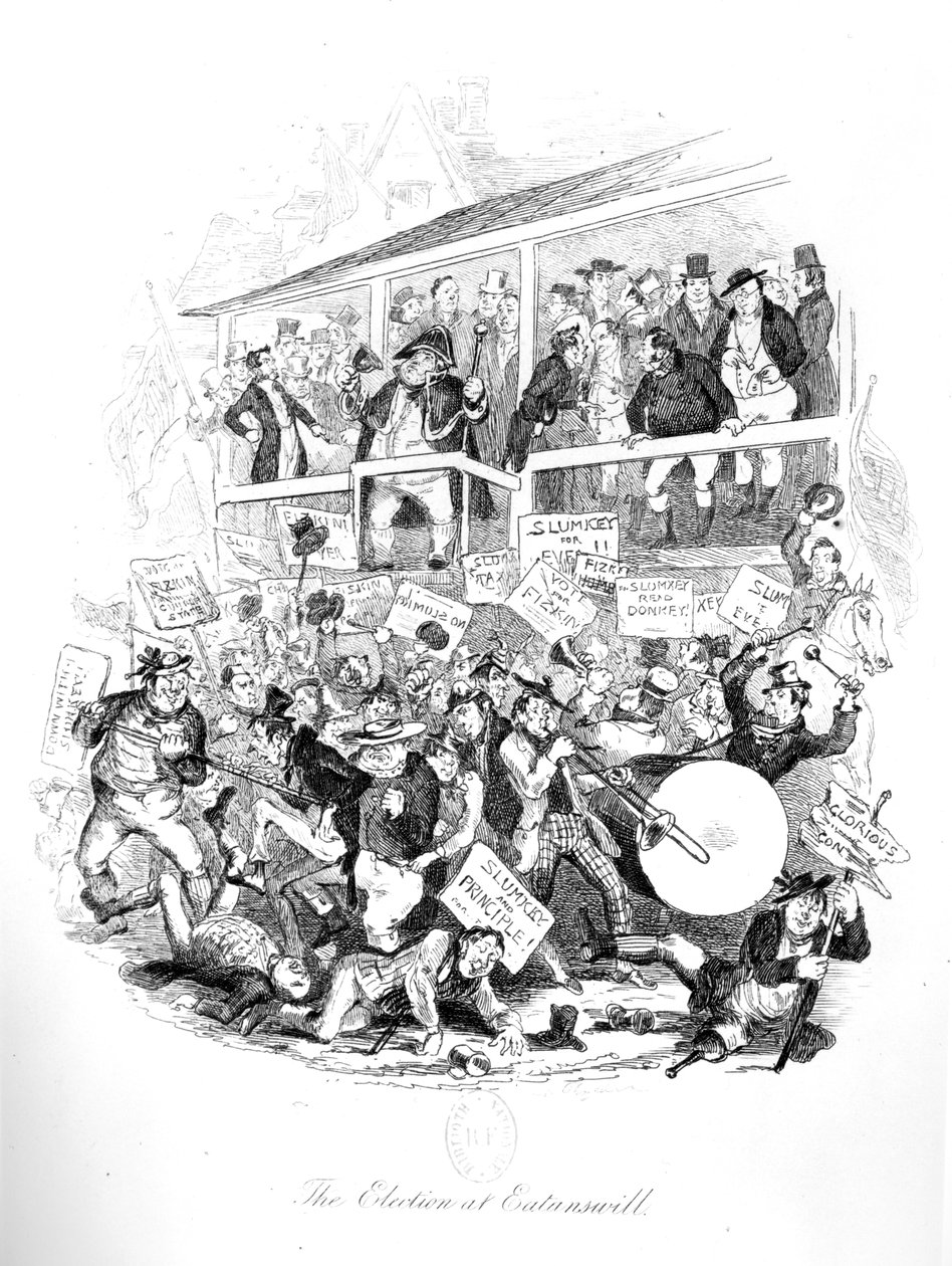 Pan Pickwick v den voleb v Eatenswill, ilustrace z „Pickwick Papers“ od Charlese Dickense (1812-70) od Hablot Knight Browne