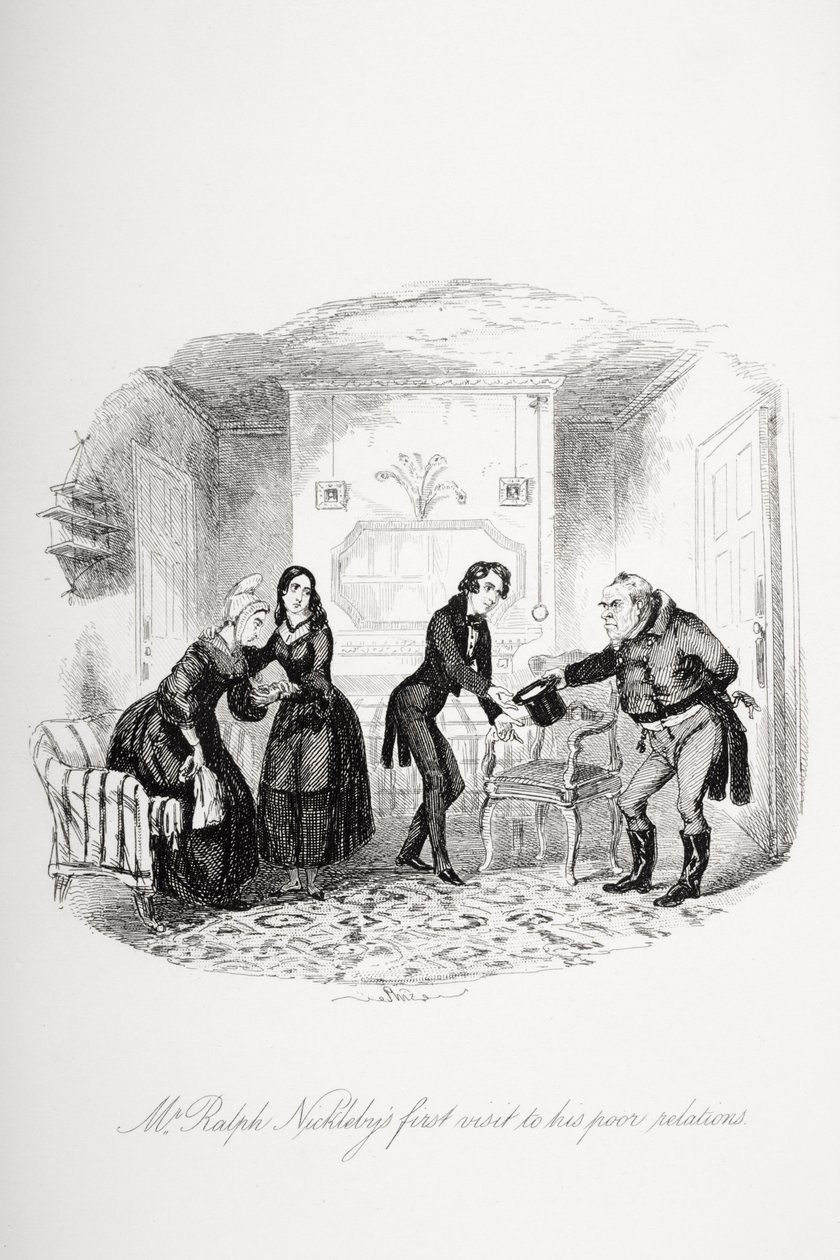 První návštěva pana Ralpha Nicklebyho u jeho chudých příbuzných, ilustrace z „Nicholase Nicklebyho“ od Charlese Dickense (1812-70) publikovaná v roce 1839 od Hablot Knight Browne