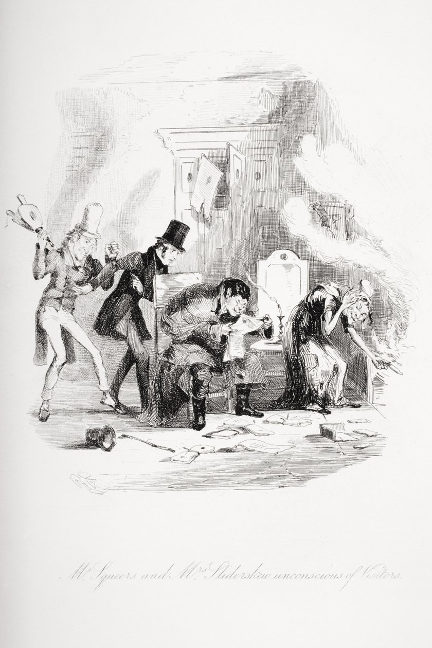 Pan Squeers a paní Sliderskew bez vědomí návštěvníků, ilustrace z „Nicholas Nickleby“ od Charlese Dickense (1812-70) vydaného v roce 1839 od Hablot Knight Browne