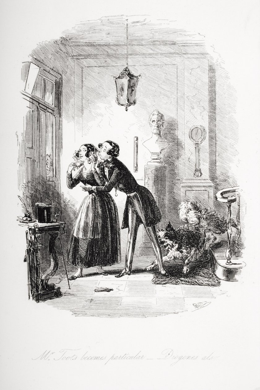 Pan Toots se stává zvláštním, Diogenes také, ilustrace z „Dombey and Son“ od Charlese Dickense (1812-70), která byla poprvé vydána v roce 1848 od Hablot Knight Browne