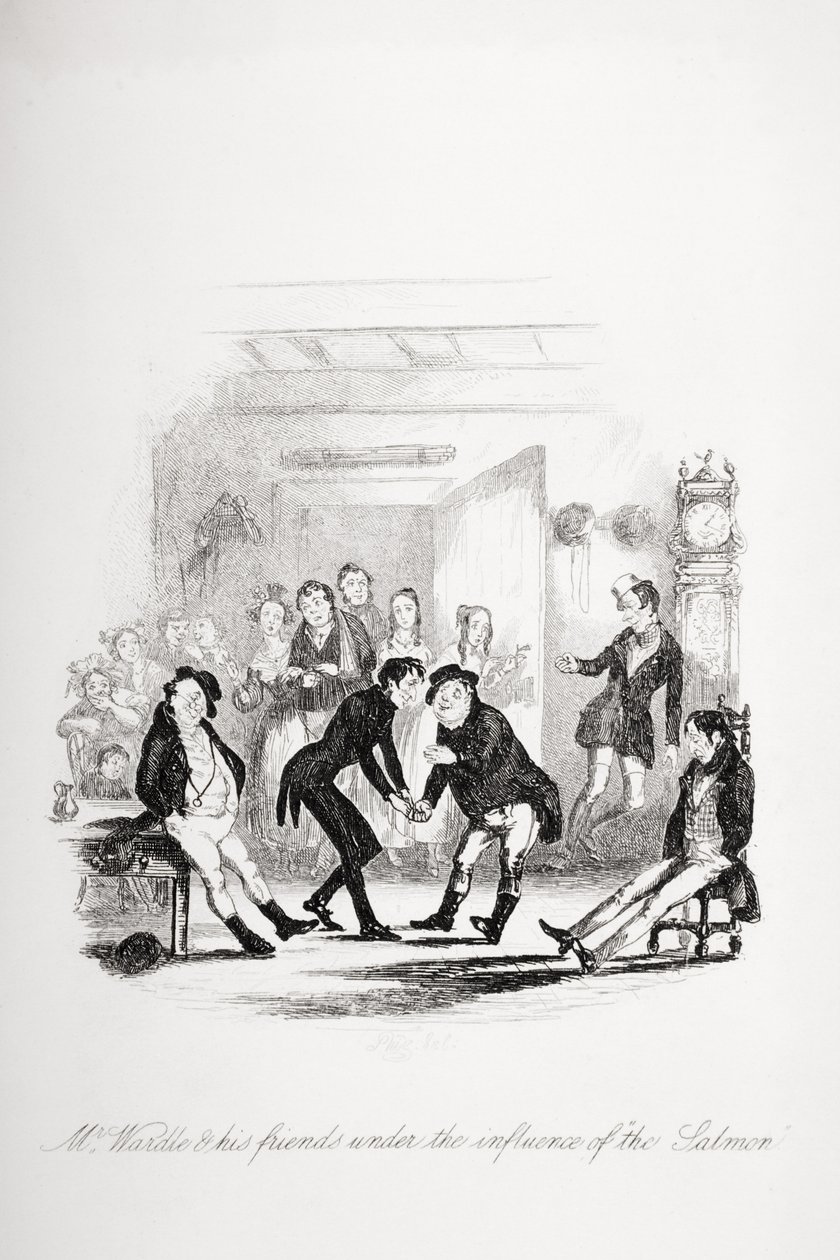 Pan Wardle a jeho přátelé pod vlivem lososa, ilustrace z „The Pickwick Papers“ od Charlese Dickense (1812-70) vydané v roce 1837 od Hablot Knight Browne