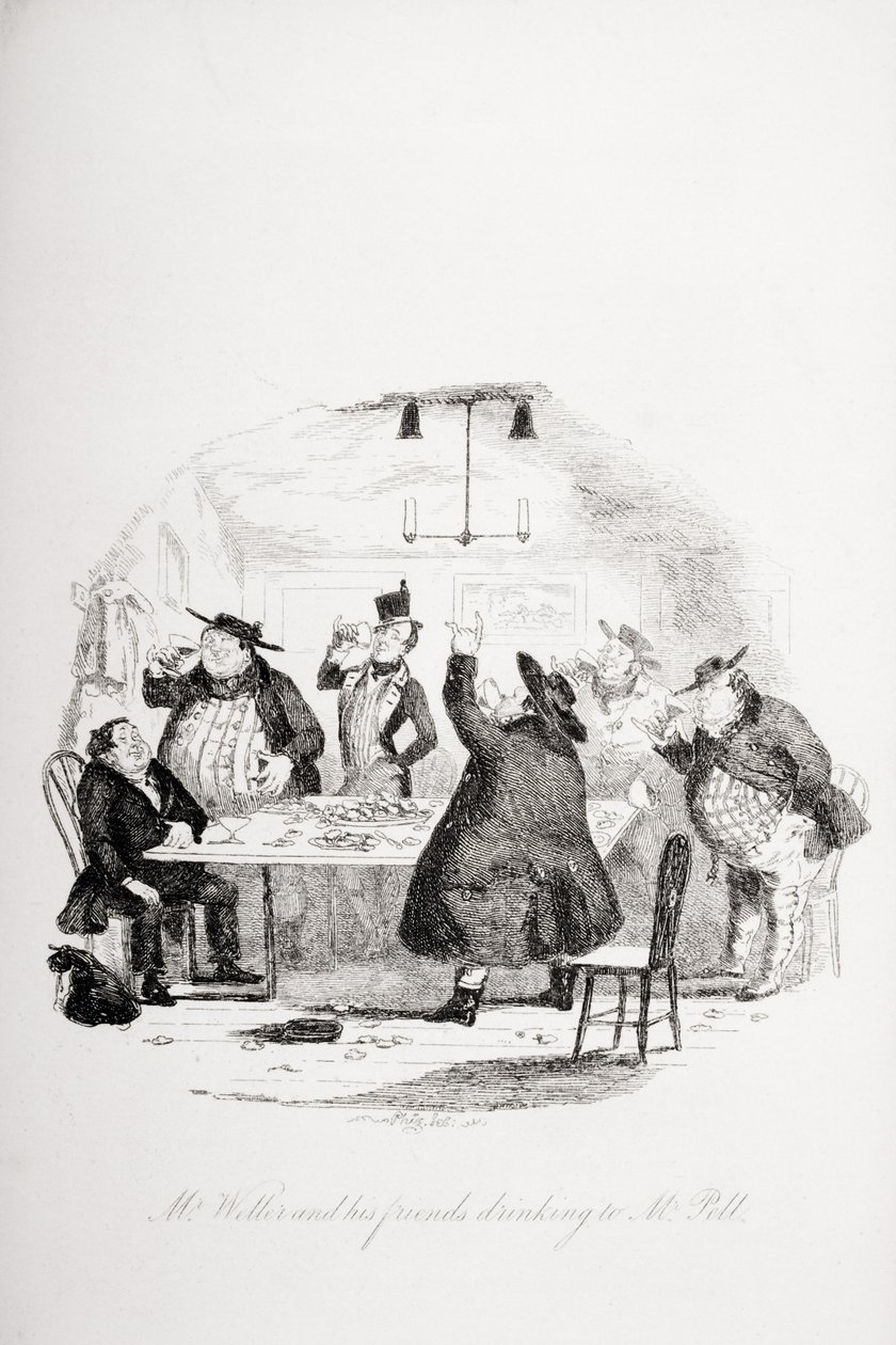 Pan Weller a jeho přátelé popíjejí pana Pella, ilustrace z „The Pickwick Papers“ od Charlese Dickense (1812-70) vydané v roce 1837 od Hablot Knight Browne