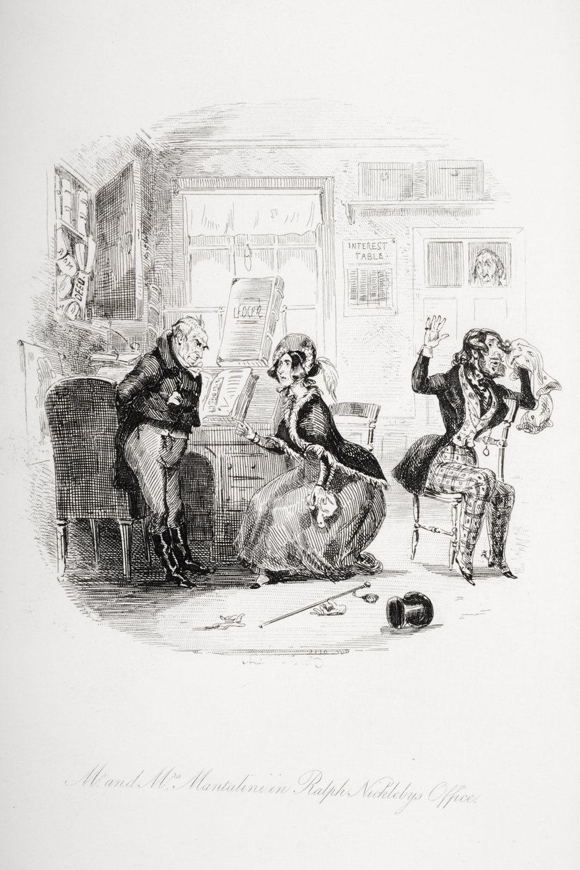 Pan a paní Mantalini v kanceláři Ralpha Nicklebyho Mezi sirem Mulberrym a jeho žákem, ilustrace z „Nicholas Nickleby“ od Charlese Dickense (1812-70) vydaného v roce 1839 od Hablot Knight Browne