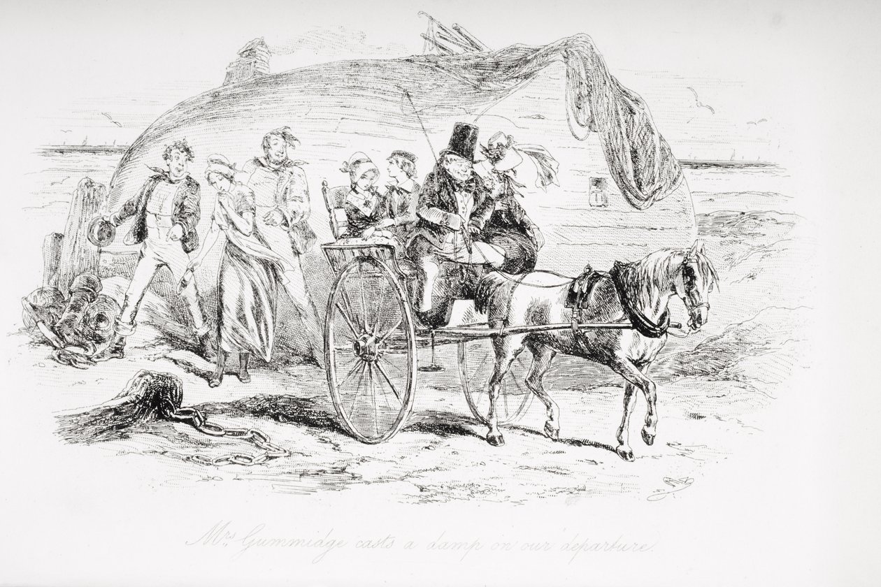 Paní Gummidgeová vrhá ránu na náš odjezd, ilustrace z „Davida Copperfielda“ od Charlese Dickense (1812–70) poprvé vydaná v roce 1850 od Hablot Knight Browne