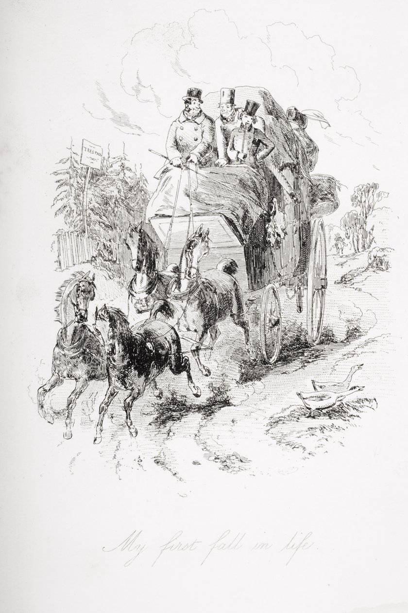 Můj první pád v životě, ilustrace z „Davida Copperfielda“ od Charlese Dickense (1812–70) poprvé vydaná v roce 1850 od Hablot Knight Browne