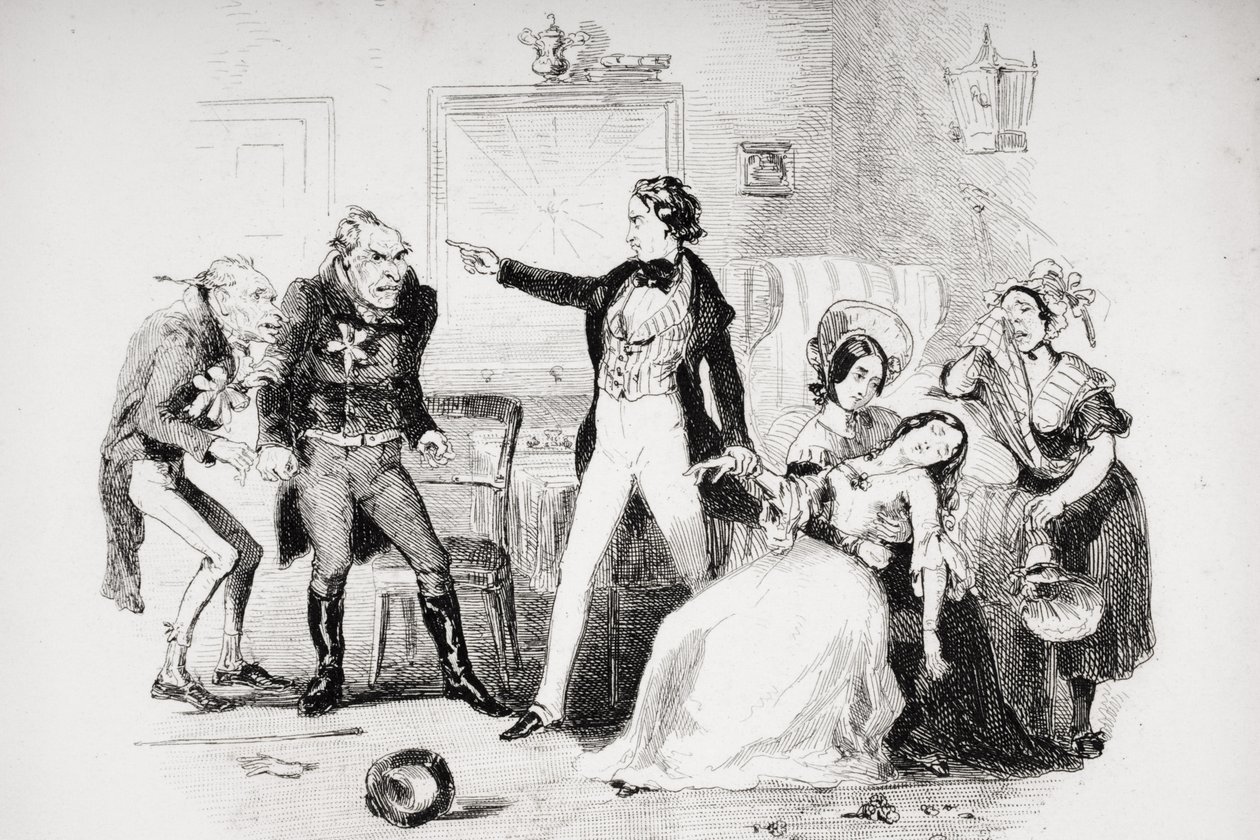 Nicholas blahopřeje Arthuru Gridovi ke svatebnímu ránu, ilustrace z knihy Nicholas Nickleby od Charlese Dickense (1812-70) vydané v roce 1839 (viz také 259153) od Hablot Knight Browne